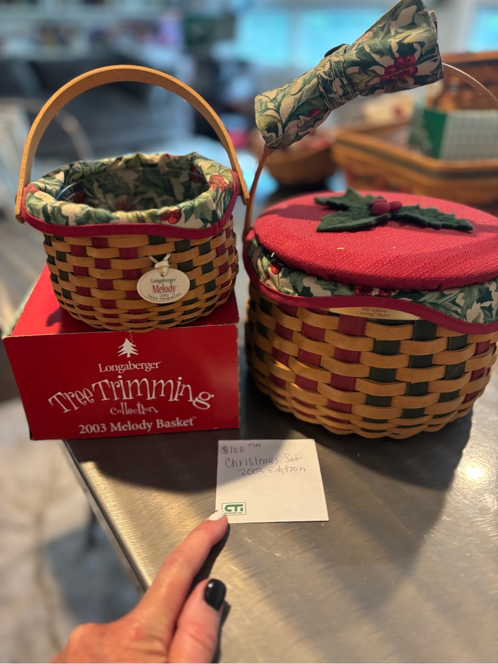 Longaberger Red and Natural Melody Holiday Basket Set with Holly Lid